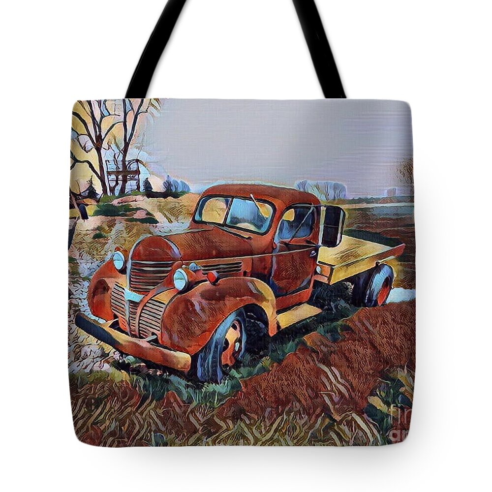 Truck Vehicle Vintage Digital Abstract Car Bag Pillow Tote Bag featuring the pyrography The Flatbed by Bradley Boug