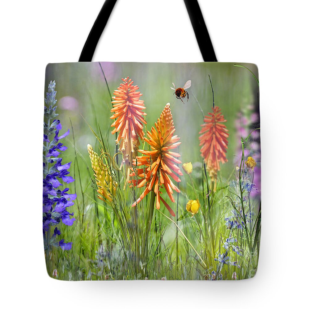 Bee Tote Bag featuring the mixed media The Flight of the Bumblebee by Morag Bates