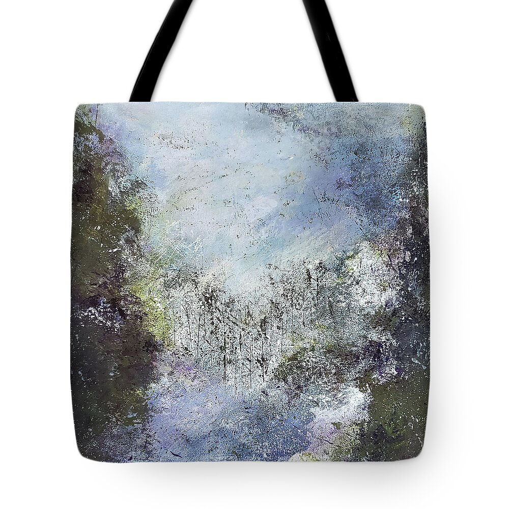Dramatic Tote Bag featuring the painting THE FOREST FOR THE TREES Abstract Landscape in Purple Blue White Olive Dark Green White by Lynnie Lang