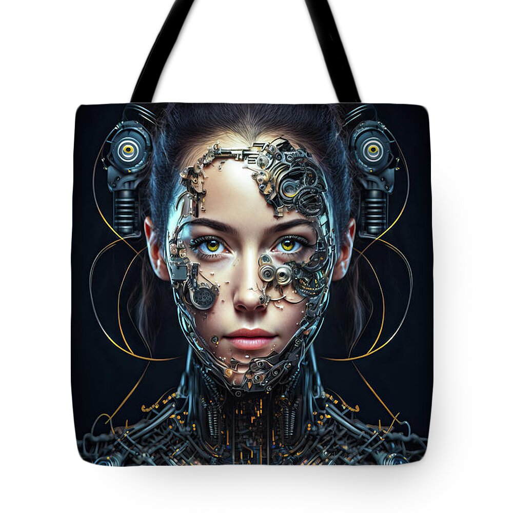 Cyborg Tote Bag featuring the digital art The Future of AI 01 Cyborg Woman by Matthias Hauser