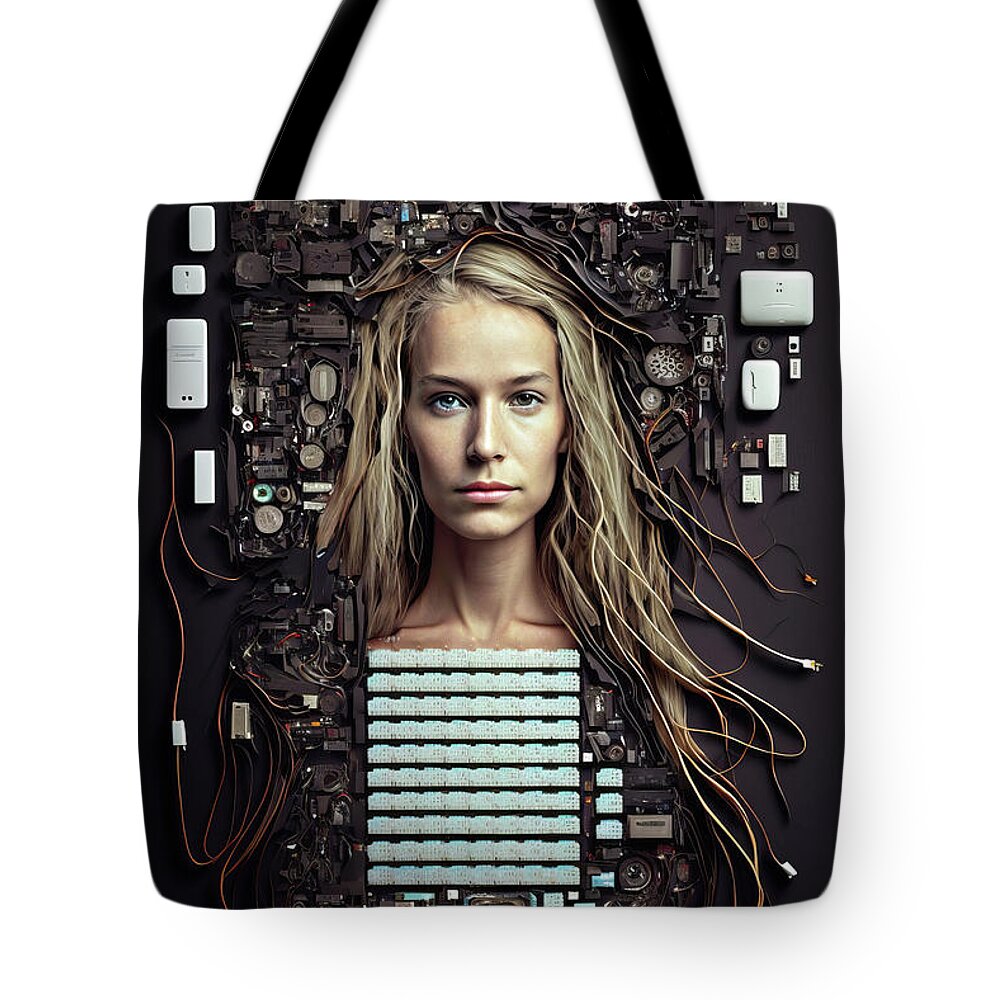 Cyborg Tote Bag featuring the digital art The Future of AI 03 All the Parts by Matthias Hauser