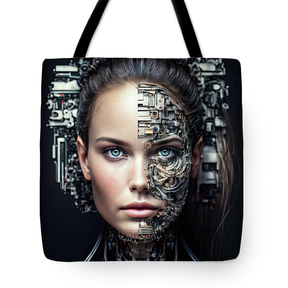 Cyborg Tote Bag featuring the digital art The Future of AI 07 Woman Cyborg by Matthias Hauser