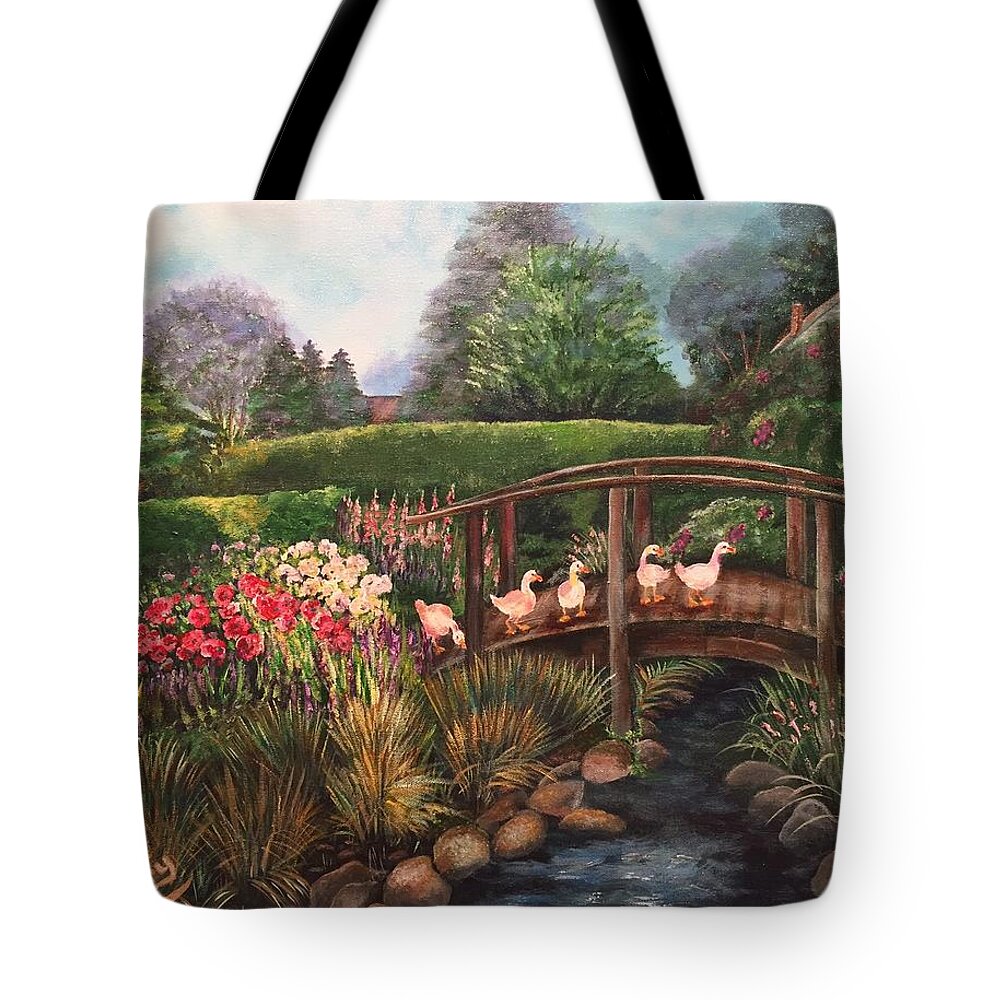 Garden Tote Bag featuring the painting The Garden Bridge by Barbara Landry