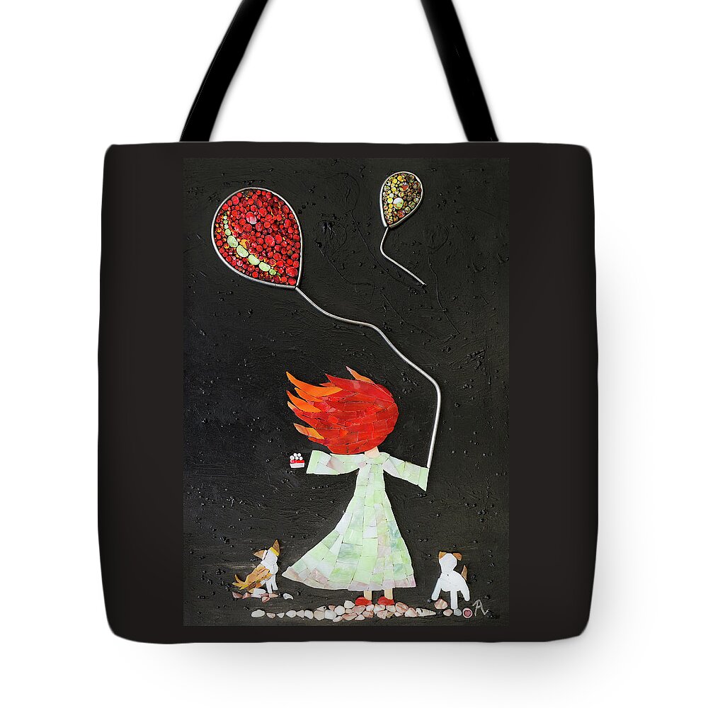 Girl Tote Bag featuring the glass art The girl with two balloons and two small dogs by Adriana Zoon