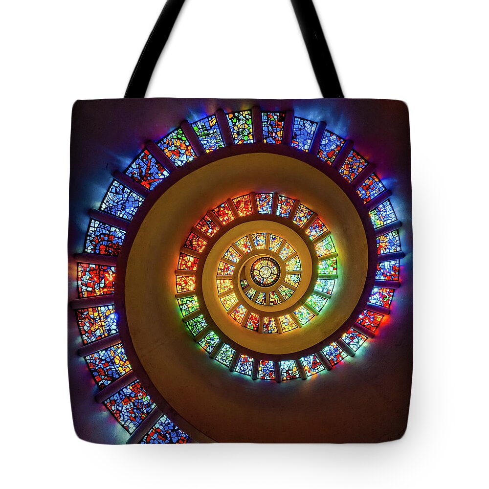 Dallas Landmark Tote Bag featuring the photograph The Glory Window - Dallas Thanks-Giving Square Chapel Stained Glass by Gregory Ballos