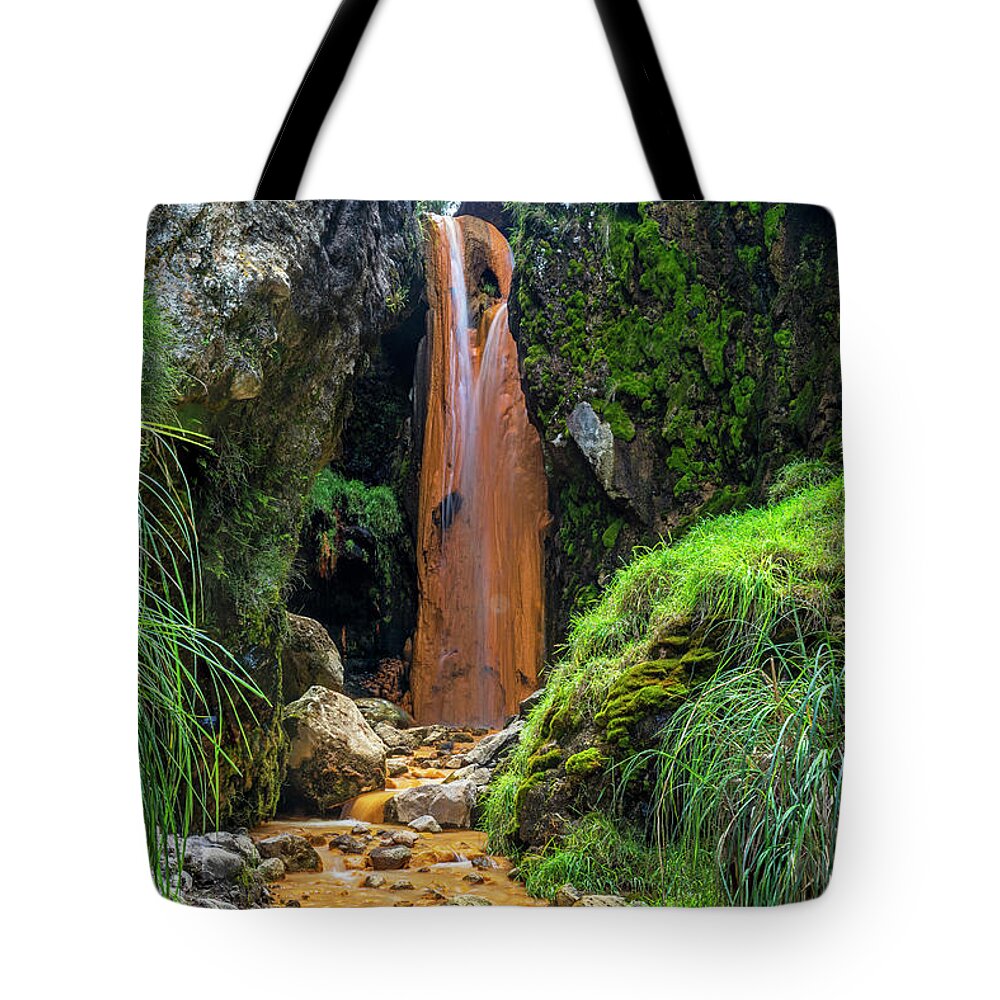 Andes Tote Bag featuring the photograph The golden waterfall by Henri Leduc