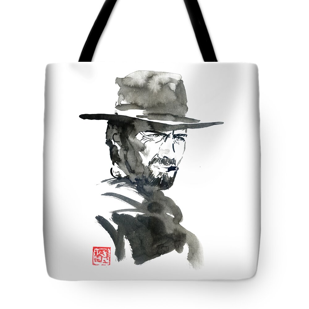 Clint Eastwood Tote Bag featuring the drawing The Good 04 by Pechane Sumie