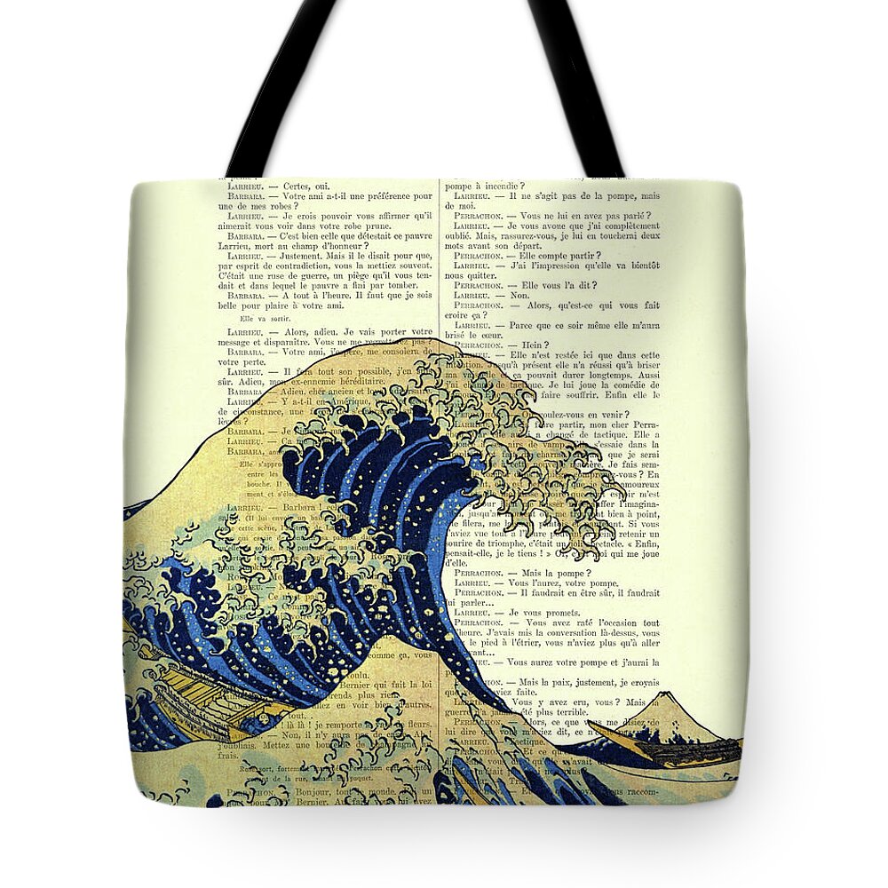 Mount Fuji Tote Bag featuring the mixed media The great wave off Kanagawa book page art print by Madame Memento
