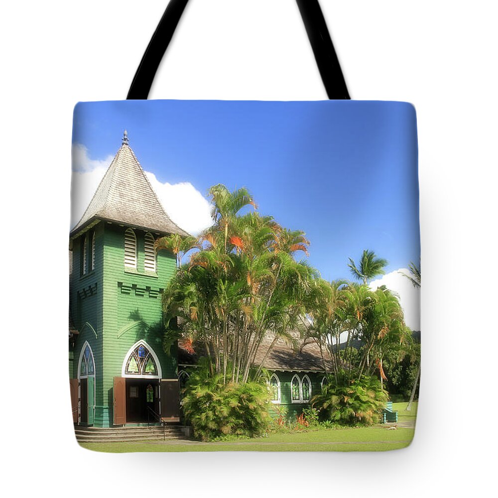 Palm Tree Tote Bag featuring the photograph The Green Waioli Hula Church by Robert Carter