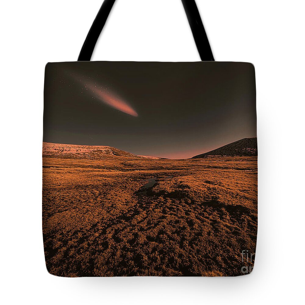 Halley Tote Bag featuring the mixed media Don't look up by Binka Kirova