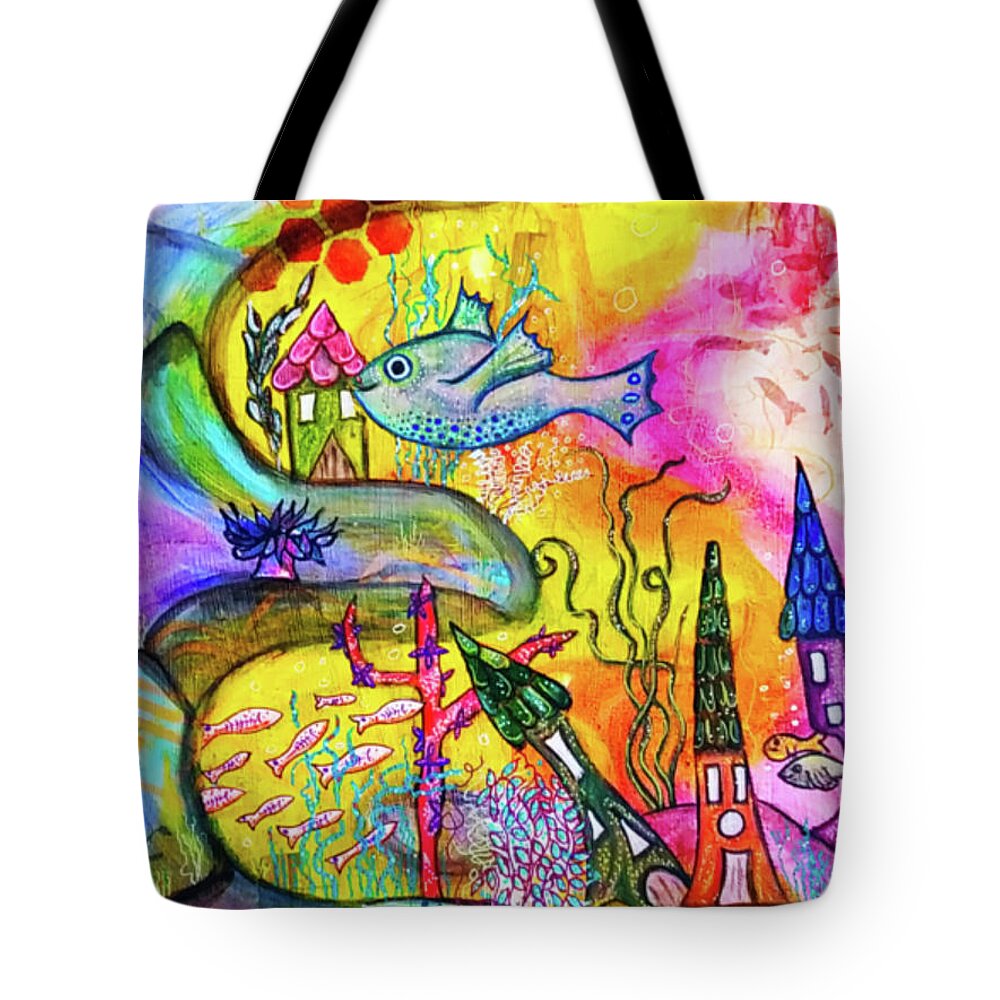 Fish Tote Bag featuring the mixed media The Happy Village by Mimulux Patricia No