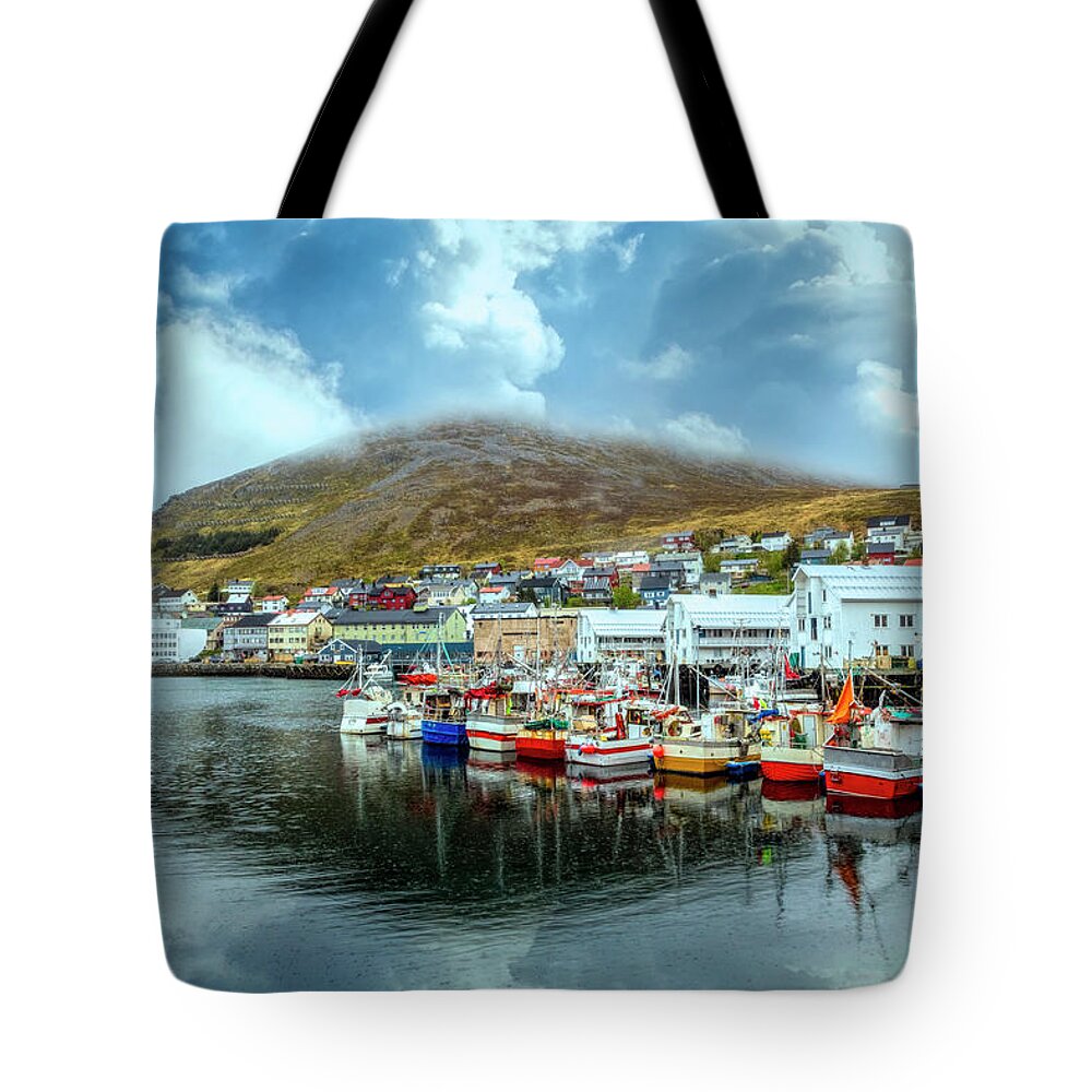 Boats Tote Bag featuring the photograph The Harbor at Honningvag Norway Under Clouds by Debra and Dave Vanderlaan
