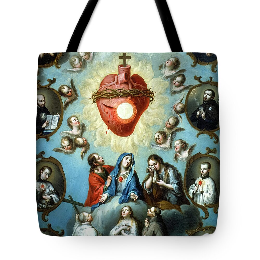 Juan Patricio Morlete Ruiz Tote Bag featuring the painting The Heart of Jesus, 1759 by Juan Patricio Morlete Ruiz