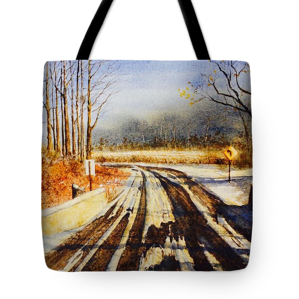 Just One Of Those Old Country Roads In The Midwest. In The Heart Of The Winter Tote Bag featuring the painting The Heart of Winter by John Glass