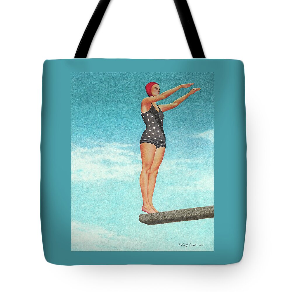 High Dive; Diving Board; Vintage Bathing Beauties; Red Swim Cap; Diving Competitions; Vintage Bathing Suits; Swimming; Polka Dot Swim Suit Tote Bag featuring the painting The High Dive by Valerie Evans