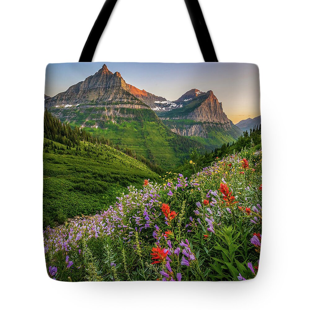 Landscape Tote Bag featuring the photograph Wild flowers at sunset in Glacier National Park by Robert Miller