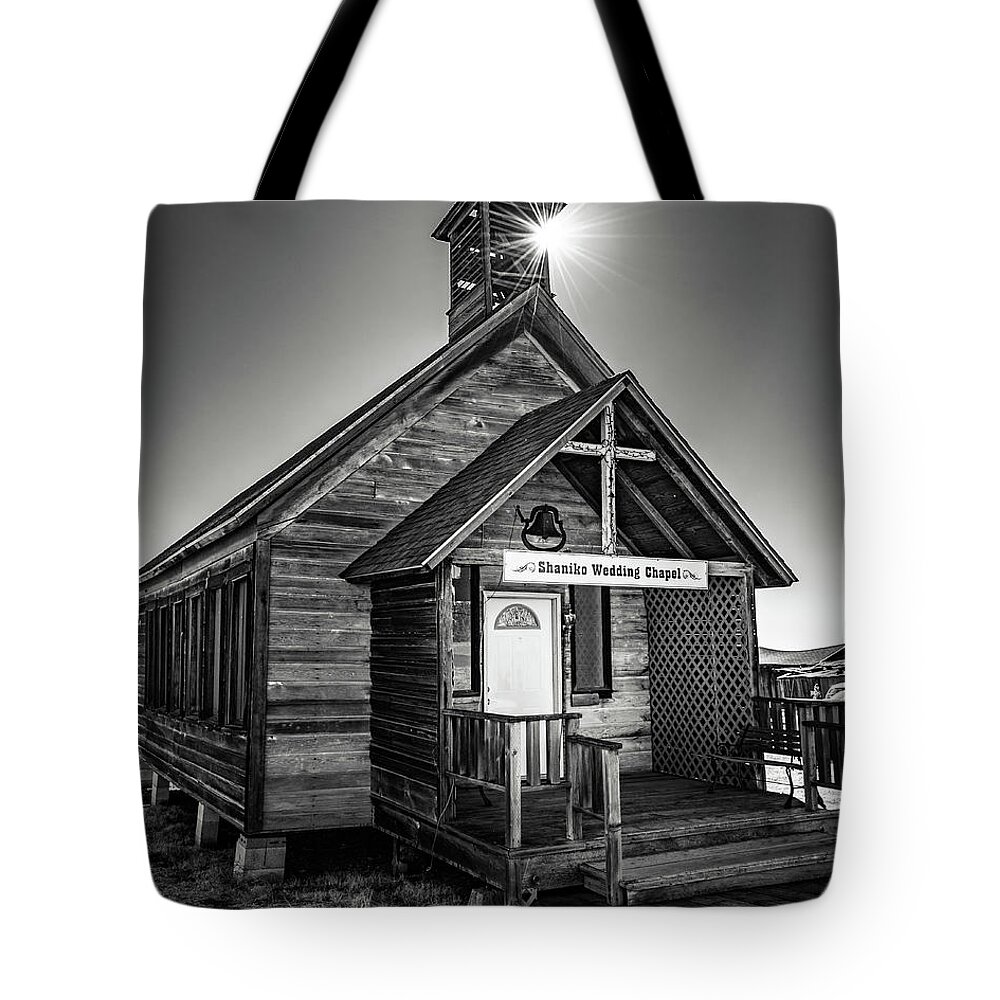 Black And White Tote Bag featuring the photograph Historic Wedding Chapel of Shaniko, Oregon, Black and White by Jason McPheeters