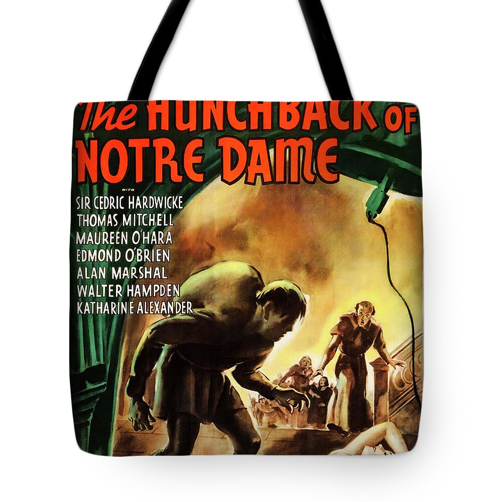 Hunchback Tote Bag featuring the mixed media ''The Hunchback of Notre Dame'' movie poster, 1939 by Movie World Posters