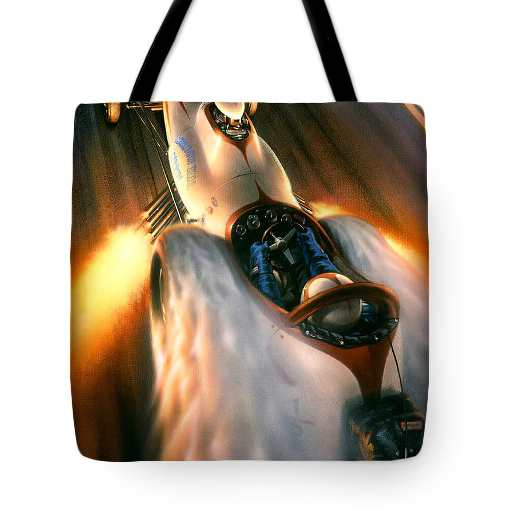 Drag Racing Nhra Top Fuel Funny Car John Force Kenny Youngblood Nitro Champion March Meet Images Image Race Track Fuel Art Chrisman March Meet Bakersfield Drags Tote Bag featuring the painting The Hustler by Kenny Youngblood