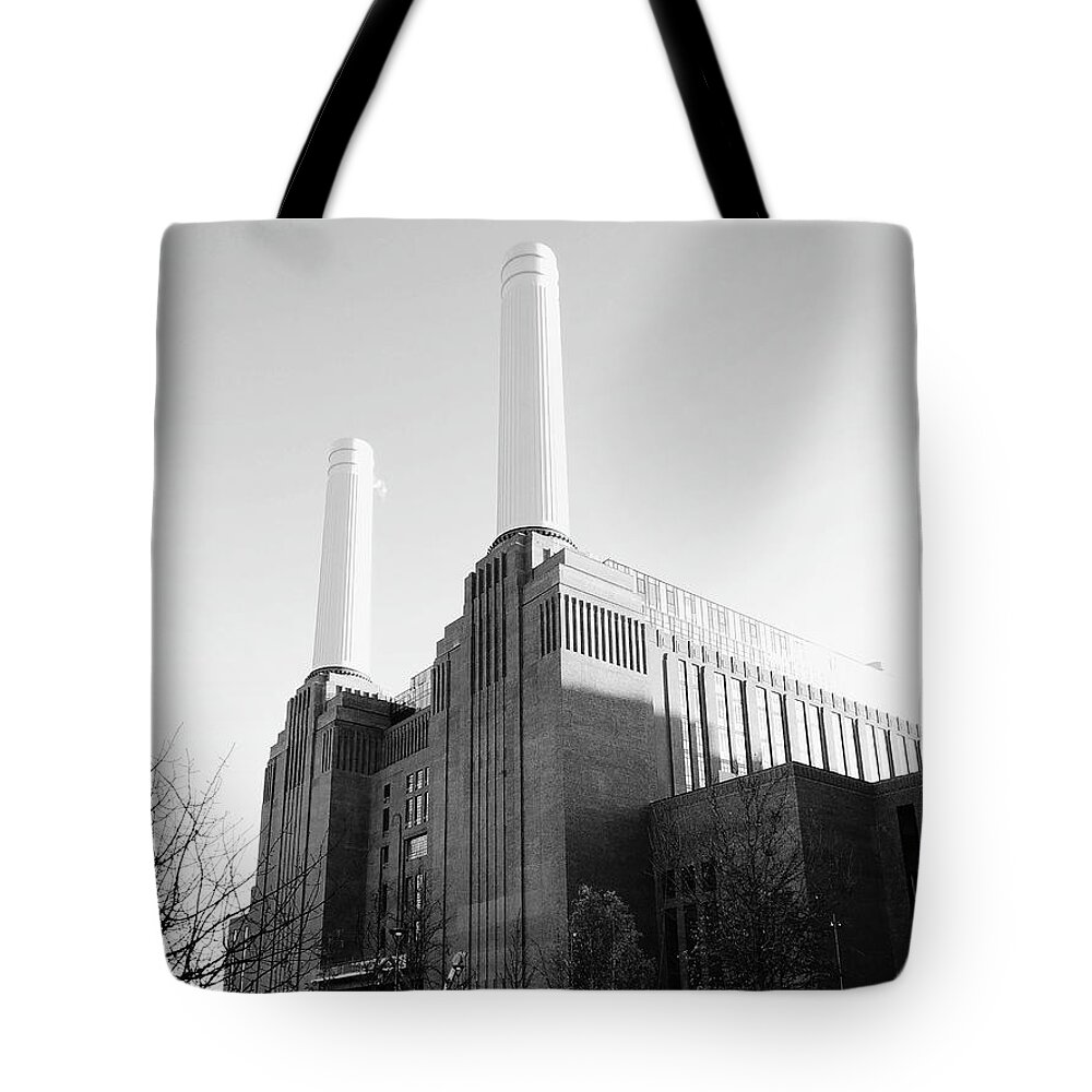 Icon Tote Bag featuring the photograph The Iconic Battersea Power Station - black and white by Rebecca Harman