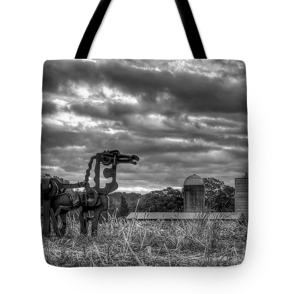 Reid Callaway The Iron Horse Tote Bag featuring the photograph The Iron Horse Sunrise 8 B W University of Georgia Iron Horse Farm Agriculture Art by Reid Callaway