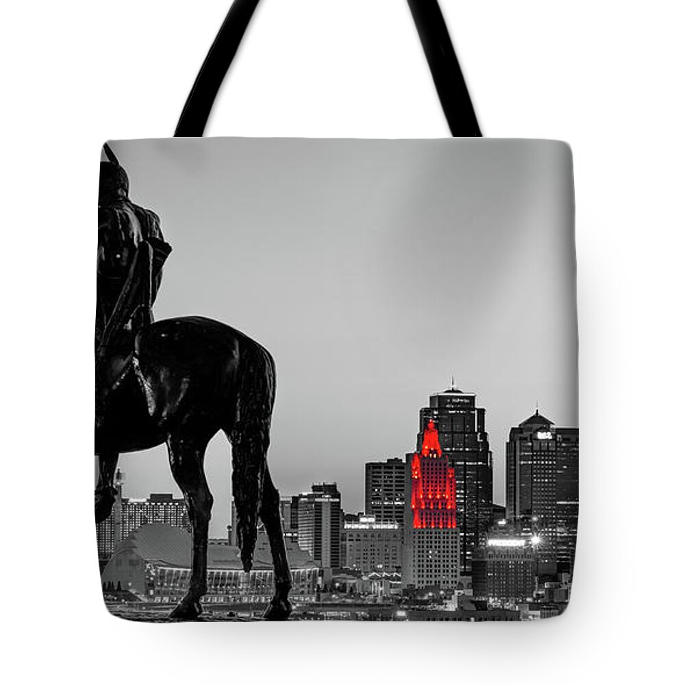 Kansas City Scout Tote Bag featuring the photograph The Kansas City Scout Overlooking The Downtown Cityscape - Selective Color Panorama by Gregory Ballos