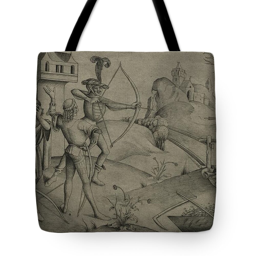 Tournament Tote Bag featuring the painting The King s Sons Shooting at their Dead by MotionAge Designs