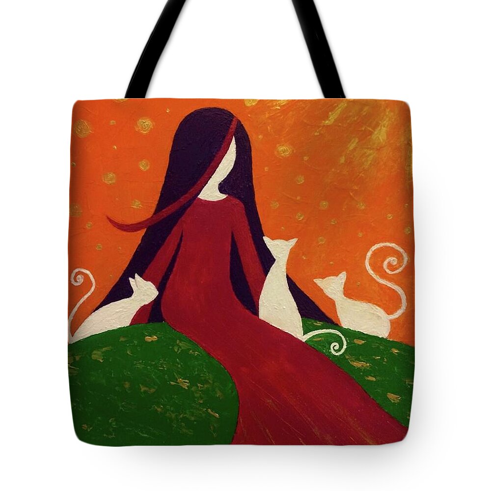 Women Tote Bag featuring the painting The Lady and Her Cats by Ela Jane Jamosmos