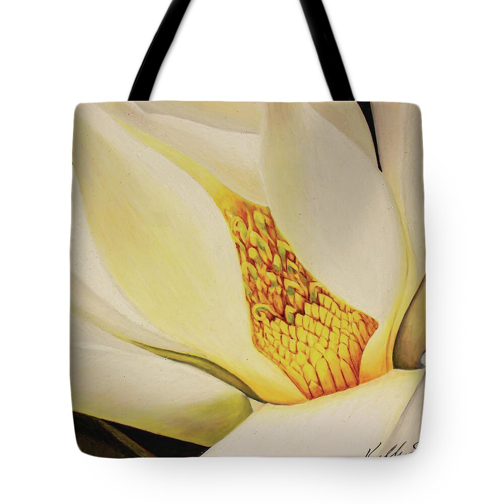 Magnolia Tote Bag featuring the drawing The Last Magnolia by Kelly Speros