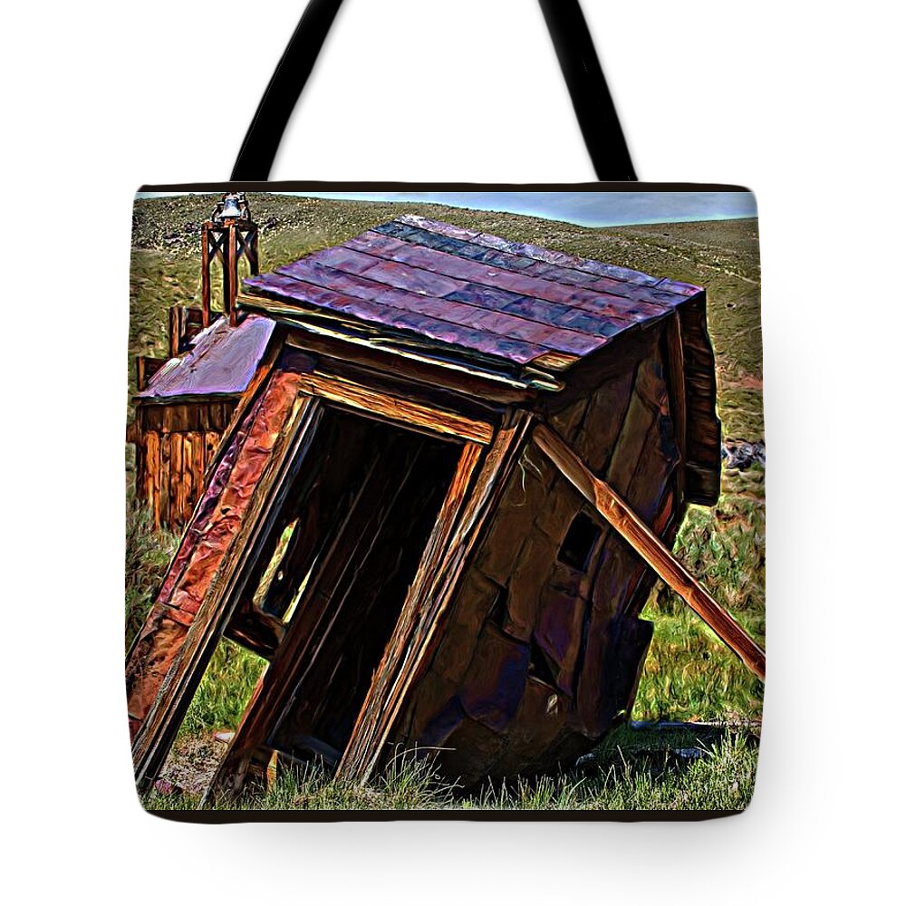 Abandoned Tote Bag featuring the digital art The Leaning Outhouse Of Bodie by David Desautel