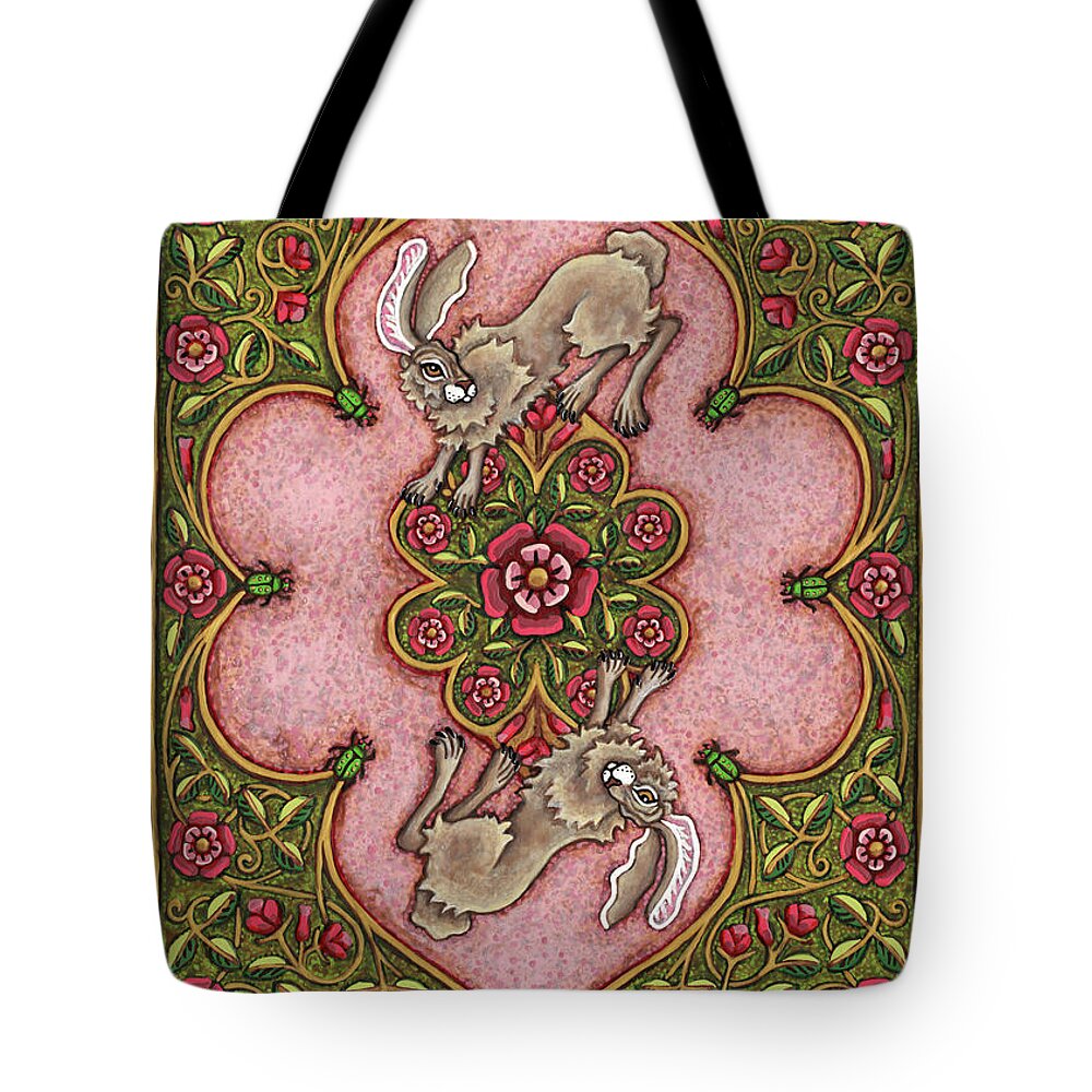 Hare Tote Bag featuring the painting The Legend of Hare Terra. Illuminated Book Cover. Rose by Amy E Fraser