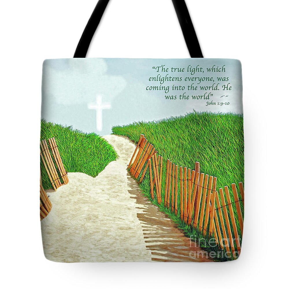 Cross Tote Bag featuring the painting THE LIGHT OF JESUS CHRIST-with John 1- 9-10 recited-Prints- view 4 of 4-Decor-more by Mary Grden