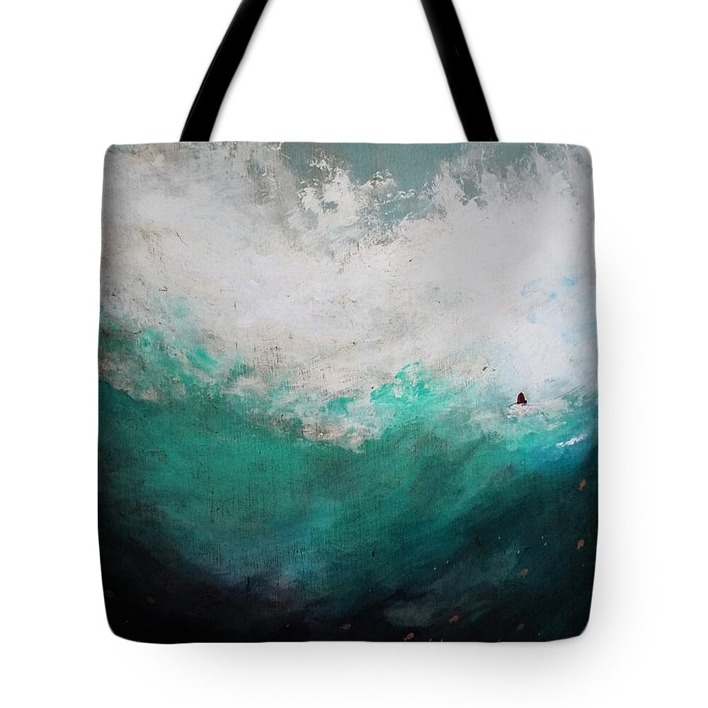 Sea Tote Bag featuring the painting The Little Red Boat in the Very Big Sea by Chris Jeanguenat