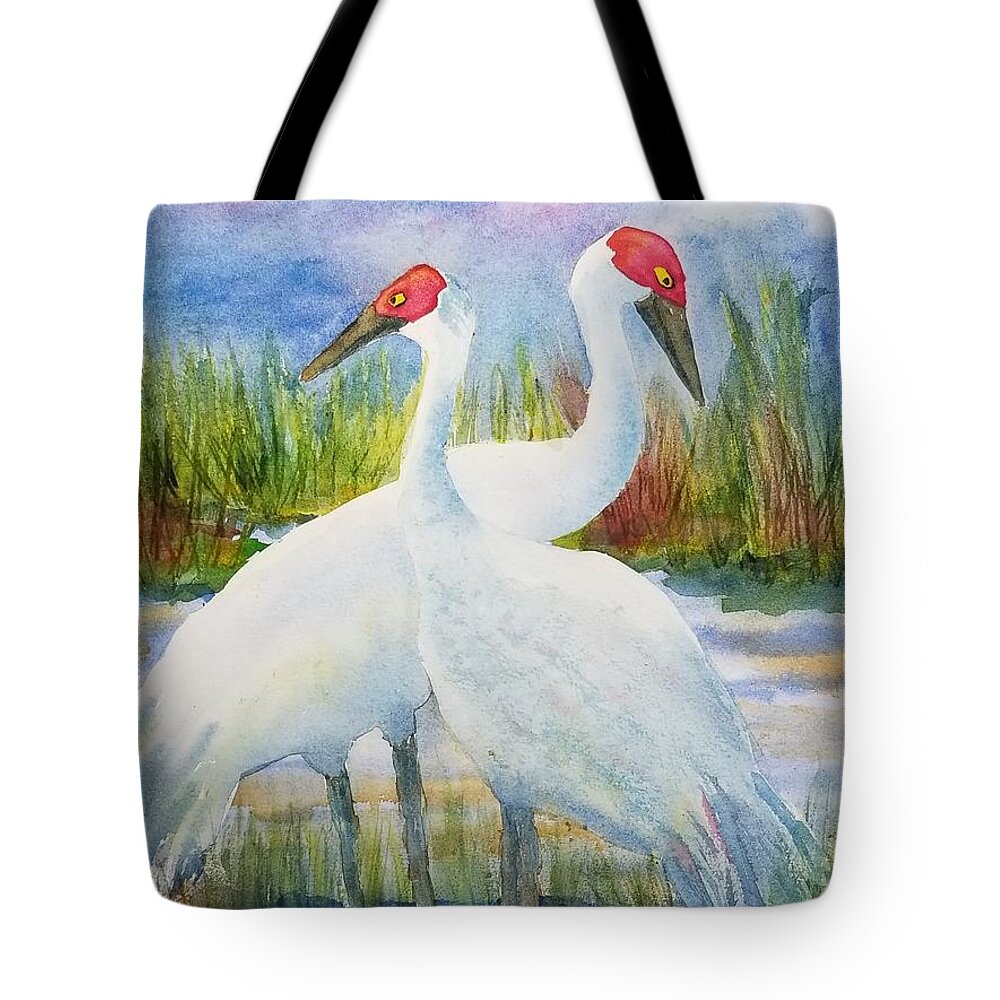 Sandhill Cranes Tote Bag featuring the painting The Locals by Ann Frederick