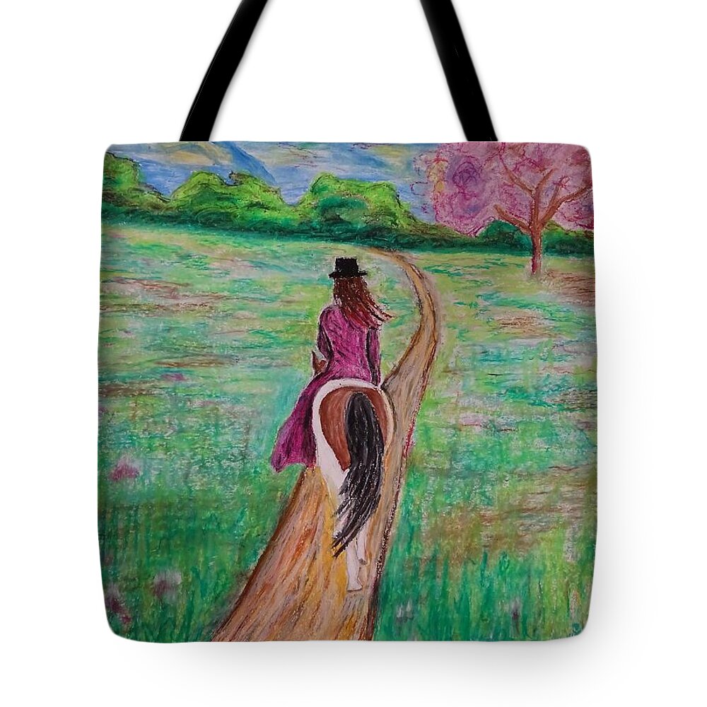 Riding Sidesaddle Tote Bag featuring the painting The long way home by Lisa Rose Musselwhite