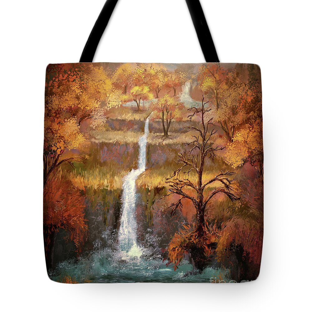 Waterfall Tote Bag featuring the digital art The Lost Waterfall by Lois Bryan