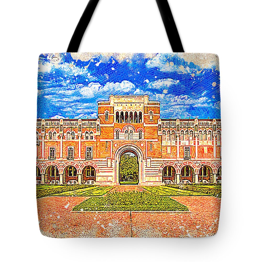 Lovett Hall Tote Bag featuring the digital art The Lovett Hall of the Rice University - colored drawing by Nicko Prints