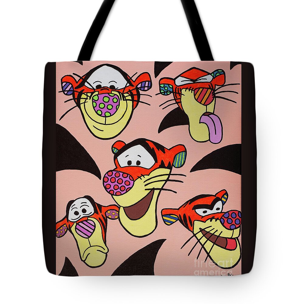 Elena Pratt Tote Bag featuring the painting The Many Faces of T-I-Double G- Rrr by Elena Pratt