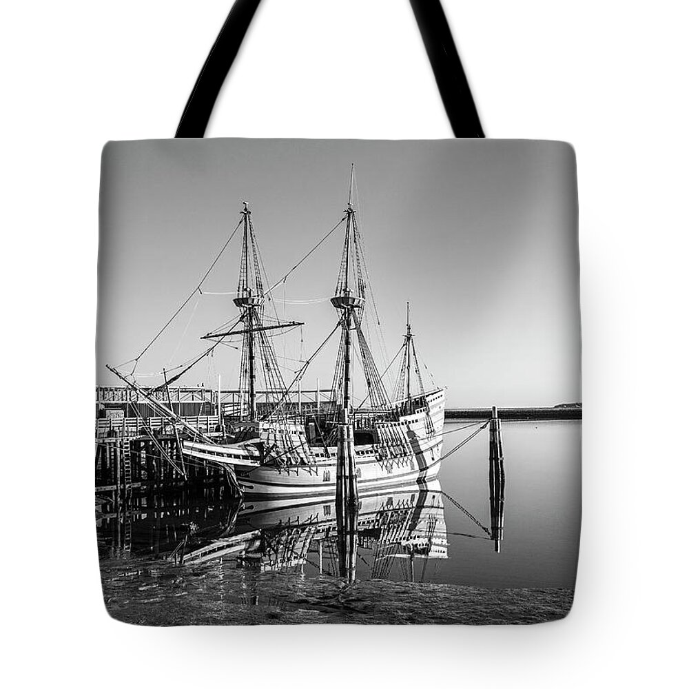 Plymouth Tote Bag featuring the photograph The Mayflower II Mayflower Ship Replica Plymouth Massachusetts Black and White by Toby McGuire