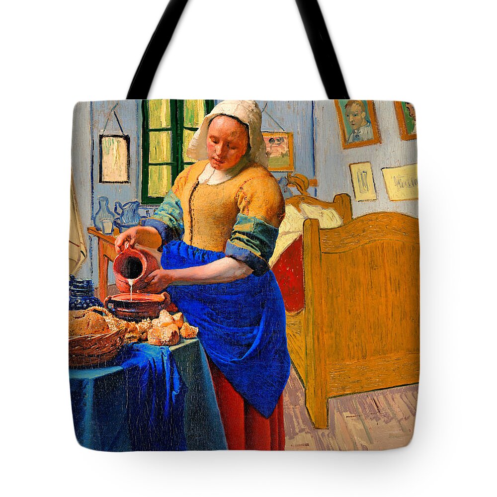 Milkmaid Tote Bag featuring the digital art The Milkmaid by Johannes Vermeer inside Van Goghs Bedroom in Arles by Nicko Prints