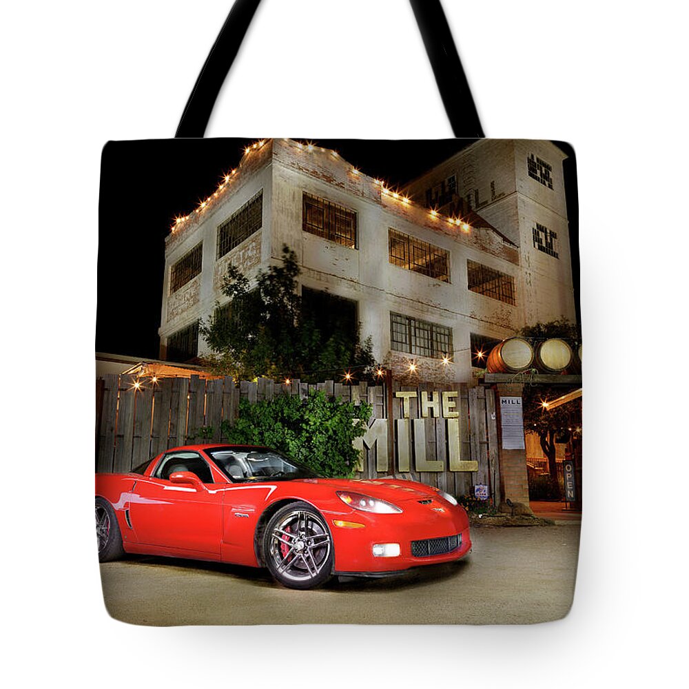 Light Painting Tote Bag featuring the photograph The Mill with a 'Vette by Steve Templeton