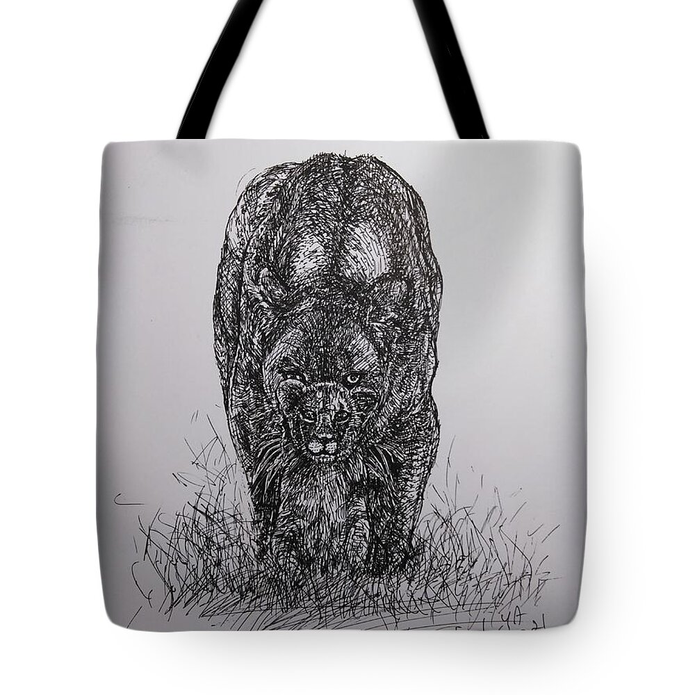  Lion Drawing Tote Bag featuring the drawing The Mom Instinct by Sukalya Chearanantana