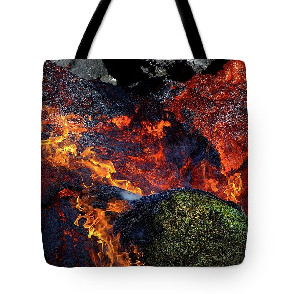 Volcano Tote Bag featuring the photograph The moss and the flame by Christopher Mathews