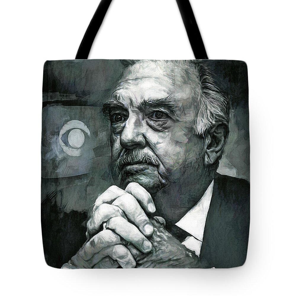 Walter Cronkite Tote Bag featuring the mixed media The most trusted man in America by Mal Bray
