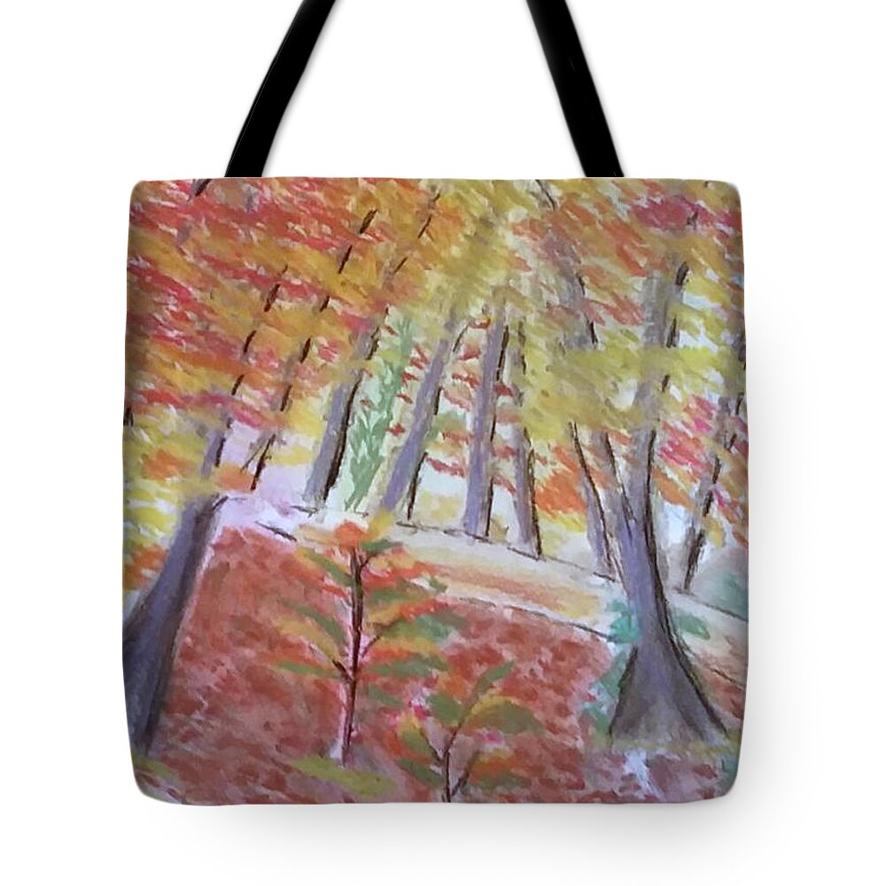 Forest Tote Bag featuring the pastel The Narrow Path Abstract Pastel Autumn Nature Scene by Ali Baucom