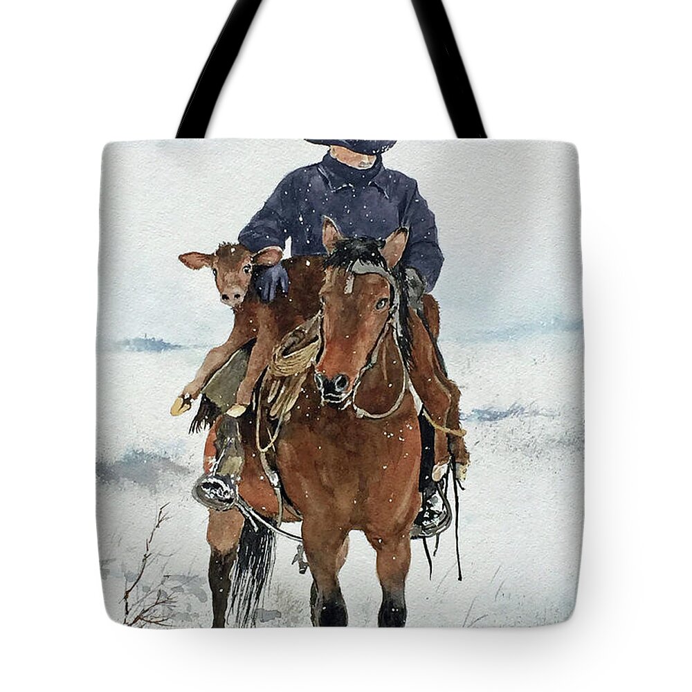 A Horse Carries A Cowboy And A Newborn Calf At A Ranch In Oregon On A Cold Snowy Morning. Tote Bag featuring the painting The Newborn by Monte Toon