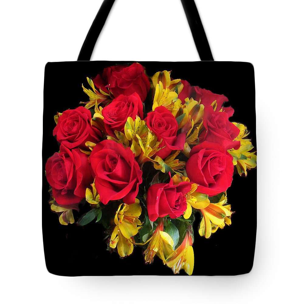 Small Red Rose Bouquet With Yellow Tiger Lilies Tote Bag featuring the photograph The Nosegay by David Zimmerman