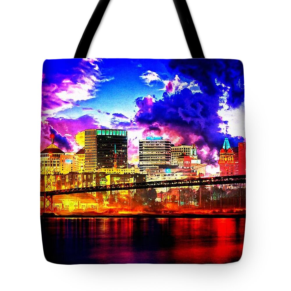 Oakland Tote Bag featuring the digital art The Oakland Bay Bridge and the downtown Oakland skyline at twilight by Nicko Prints
