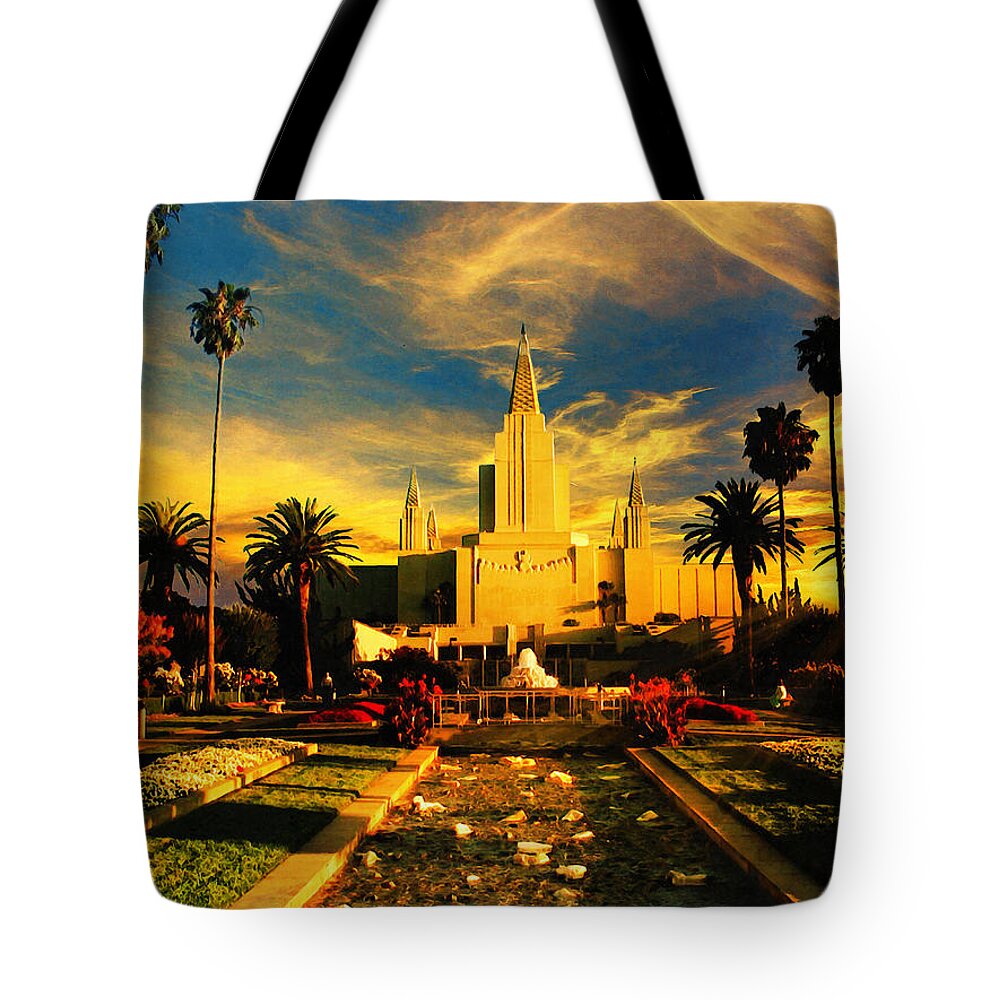 Oakland California Temple Tote Bag featuring the digital art The Oakland California Temple in sunset light by Nicko Prints