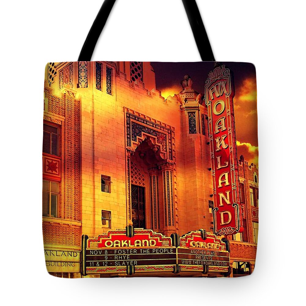 Fox Theatre Tote Bag featuring the digital art The Oakland Fox Theatre in sunset light by Nicko Prints